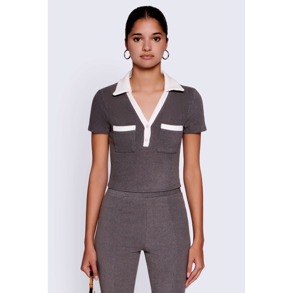 IRIS Charcoal Grey Polo Crop Top Ribbed Contrast Trim Preppy Short Sleeve Size M